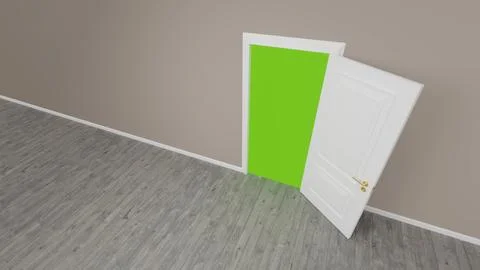 White door opening to green screen background in empty room Stock Illustration