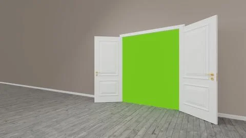White door opening to green screen background in empty room Stock Illustration