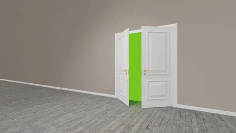 White door opening to green screen background in empty room Stock Illustration