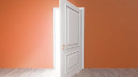 White door opening on orange wall with wooden floor Stock Footage 310792255