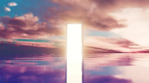 White door opening on water with cloudy sky background Stock Footage 310790859