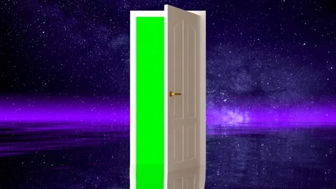White door opens over an ocean, the starry night sky with the Milky way galaxy Stock Footage 246789453