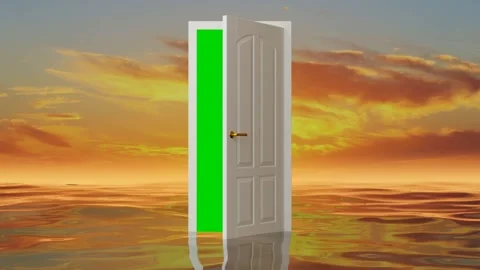 White door over an ocean is opening and reveals a green screen Stock Footage 246783904
