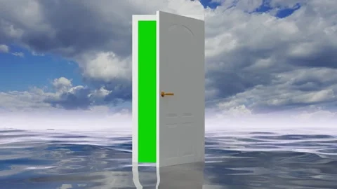 White door over an ocean reveals a green screen Stock Footage 246787207