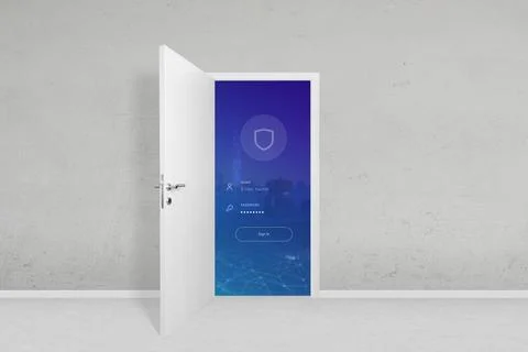 White door, symbolizing secure access with login form, username and password. Stock Photos