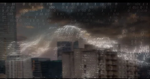 White dots hovering over dusk skyline coalescing into data wave showing binary Stock Footage 312694427