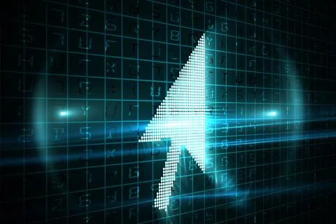 White dotted cursor arrow is floating in stylized digital scene with grid, light Stock Photos