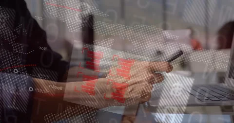 White dotted map and binary digits rising, hands gripping stylus scrolling data 스톡 동영상 310408864