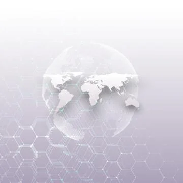 White dotted world globe, connecting lines and dots on blue background Stock Illustration