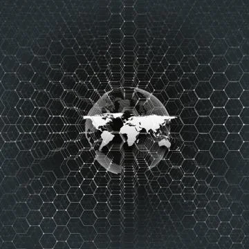 White dotted world globe, connecting lines and dots on black color background Illustrazione stock