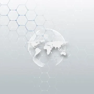 White dotted world globe, connecting lines and dots on gray color background Stock Illustration