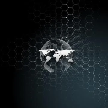 White dotted world globe, connecting lines and dots on black color backgrou.. Illustrazione stock