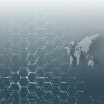 White dotted world map, connecting lines and dots on blue background. Chemistry Stock Illustration