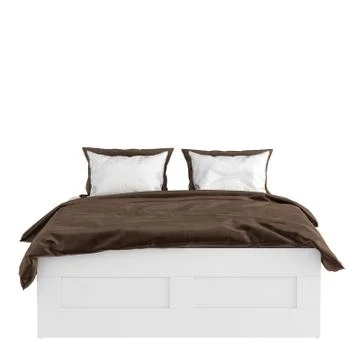 A white double bed with pillows and a blanket on a white background. 3d Stock Illustration