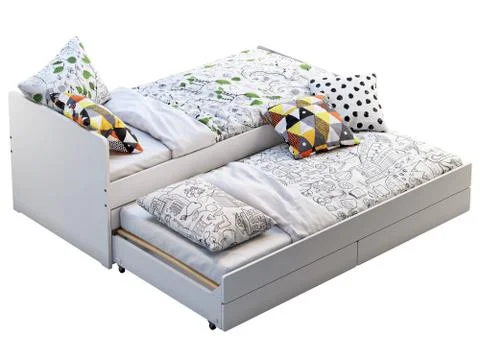 White double children's bed with storage. 3d render Stock Illustration