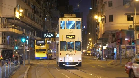 A White Double-decker Bus On The Street in Hong Kong, China at Night in Winter Stock Footage 144041626
