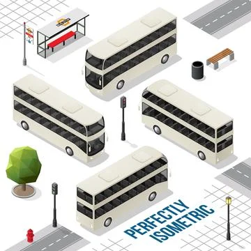 White Double Decker Isometric Bus from the Front Back Right and Left Stock Illustration