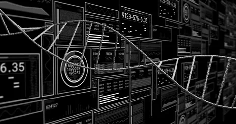 White double helix entering from left, undulating and crossing data wall, Stock Footage 329812676