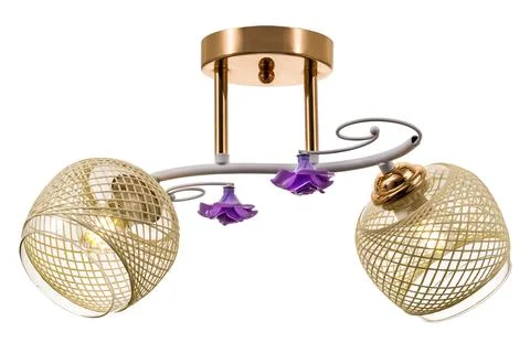 White double lamp ceiling light with gold base, purple flowers and glass shades Stock Photos