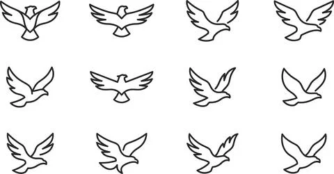 White dove bird flying icons collection in various flight poses and wing po.. Stock Illustration