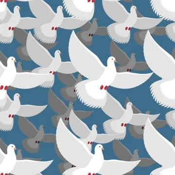 White Dove seamless pattern. flock of white doves in blue sky. Ttexture of fl Stock Illustration