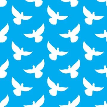 White dove seamless pattern. Pigeons flying background. Birds in sky ornament 스톡 일러스트