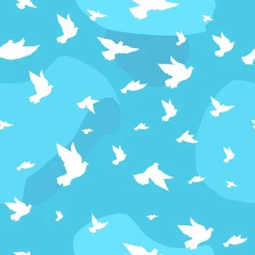 White doves on a background of blue sky with clouds. Vector seamless pattern Stockillustratie