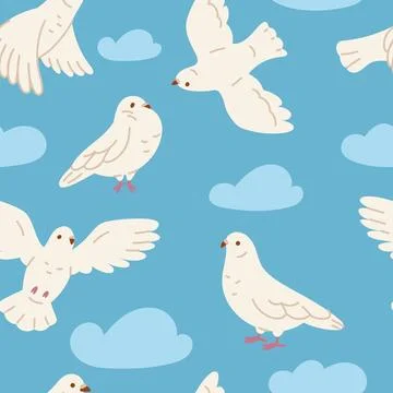 White doves seamless pattern. Cute city pigeons and clouds, repeated urban Stock Illustration