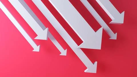 White downward arrow on red background, bad direction problem moment and th.. Illustrazione stock