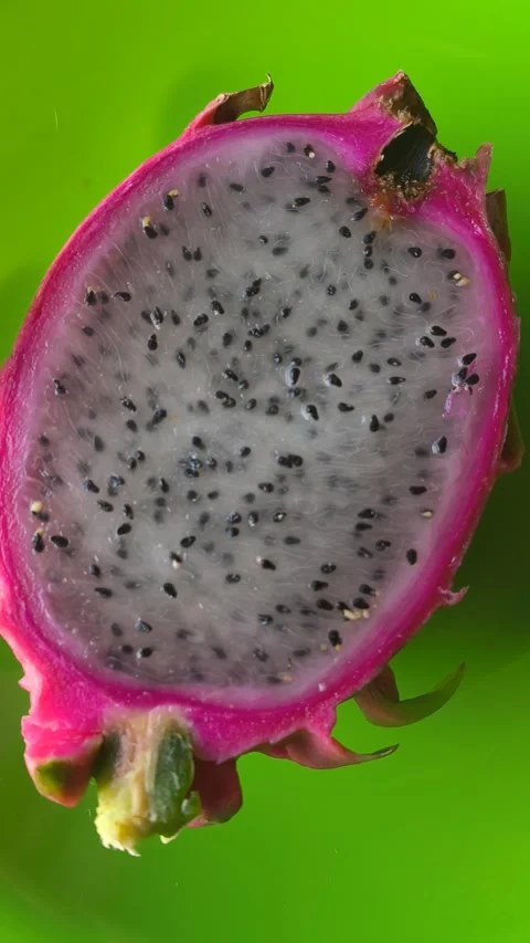 White Dragon Fruit Half on Green Plate. Healthy Vegan Lifestyle. Stock Footage 335536193