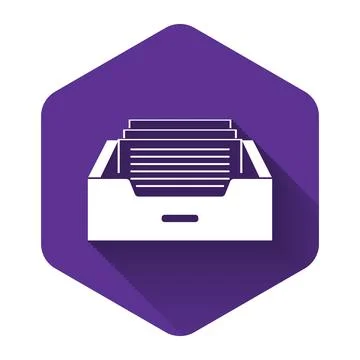 White Drawer with documents icon isolated with long shadow. Archive papers Stock Illustration