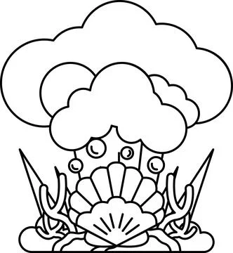 A white drawing of a cloud with a shell and a tree Stock Illustration
