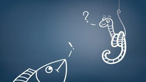 A white drawing of a fish trying to catch a worm on a hook with an exclamation Stock Illustration