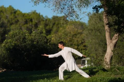 White dressed man practicing Tai-Chi in the park Stock Photos
