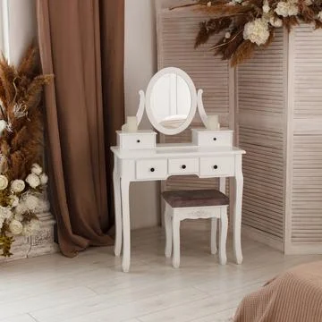 White dressing table with oval mirror and chair is part of cosy interior of.. Stock Photos