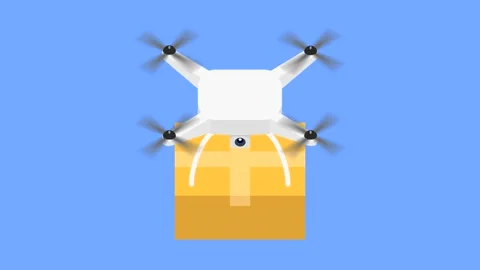 White drone flying in the sky. Delivery drone with box. Flat animation. Isolate Stock Footage 144558740