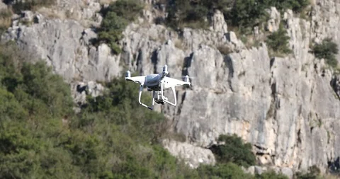 White drone flying throungh the trees in forest Stock Footage 102158497