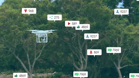 White drone hovering over lawn, alerts appearing and clustering around drone Stock Footage 331820249