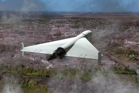 A white drone with a propeller flies through clouds of smoke over a ruined city Stock Photos