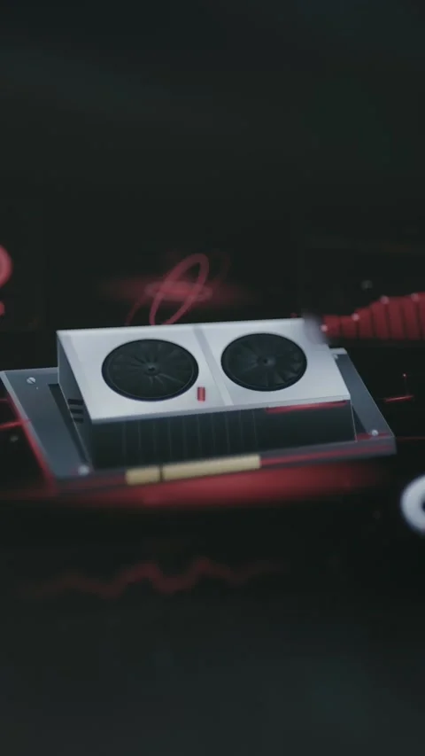White dual fan GPU rests on a dark red analytics platform surrounded Stock Footage 342488484