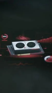 White dual fan GPU rests on a dark red analytics platform surrounded Stock Photos