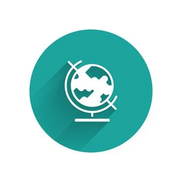 White Earth globe icon isolated with long shadow. Green circle button. Vector Stock Illustration