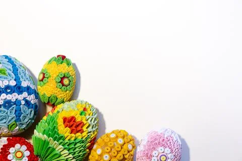 White Easter background with colorful Easter eggs with floral ornaments Fotos de archivo