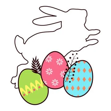White Easter bunny and three beautifully painted Easter eggs Stock Illustration