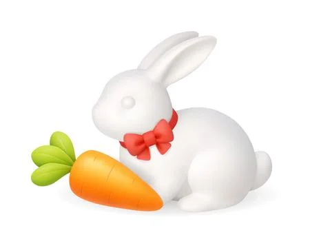White Easter bunny with carrot. Minimal 3D spring animal illustration on white イラスト素材