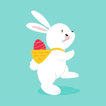 White Easter Bunny Carrying Decorated Egg in Bag Walking on Blue Background Stock Illustration