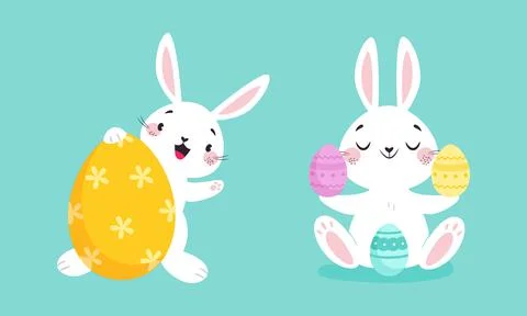 White Easter Bunny with Colorful Egg Sitting on Blue Background Vector Set Stockillustratie