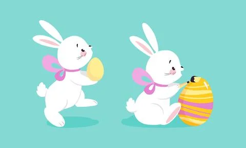 White Easter Bunny with Colorful Egg and Ribbon Bow on Blue Background Vector Illustrazione stock