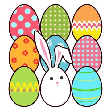 White Easter bunny egg and decorated Easter eggs Stock Illustration