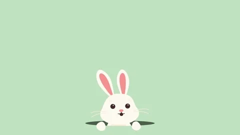 A white Easter bunny emerges from a burrow and looks around on a light green Stock Footage 309473377